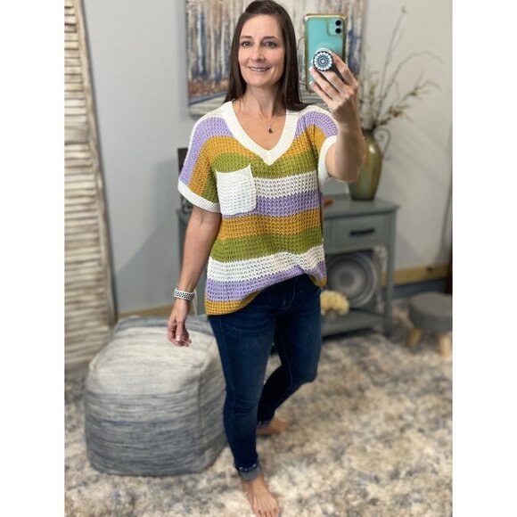 🎭Mardi Gras Deep V Neck Loose Striped Sweater Shirt Purple Green & Gold 5021 - Picture 4 of 8